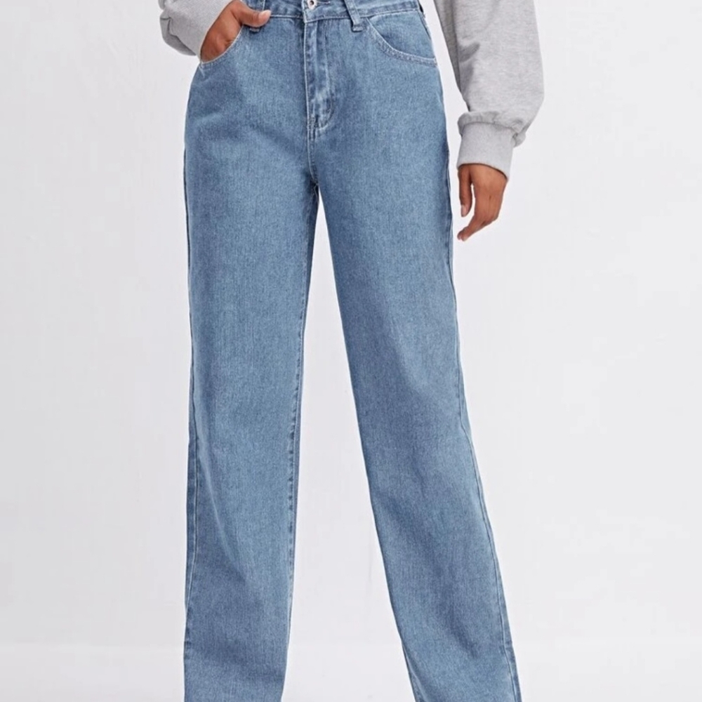 High Waist Raw Hem Straight Leg Jean